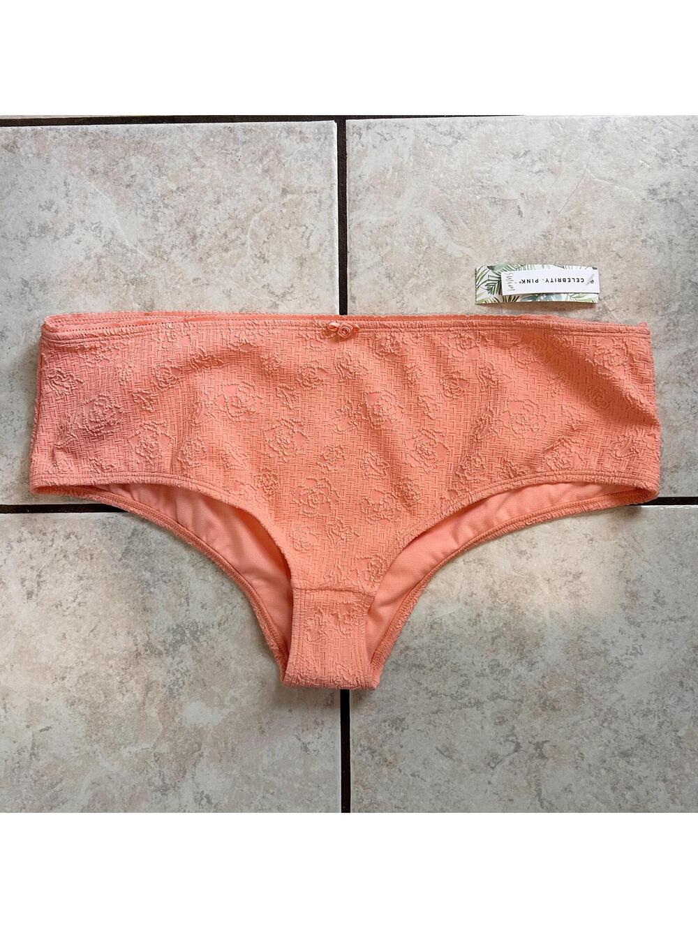 Celebrity Pink Coral Salmon Floral Textured Bikini Bottom Women's Large